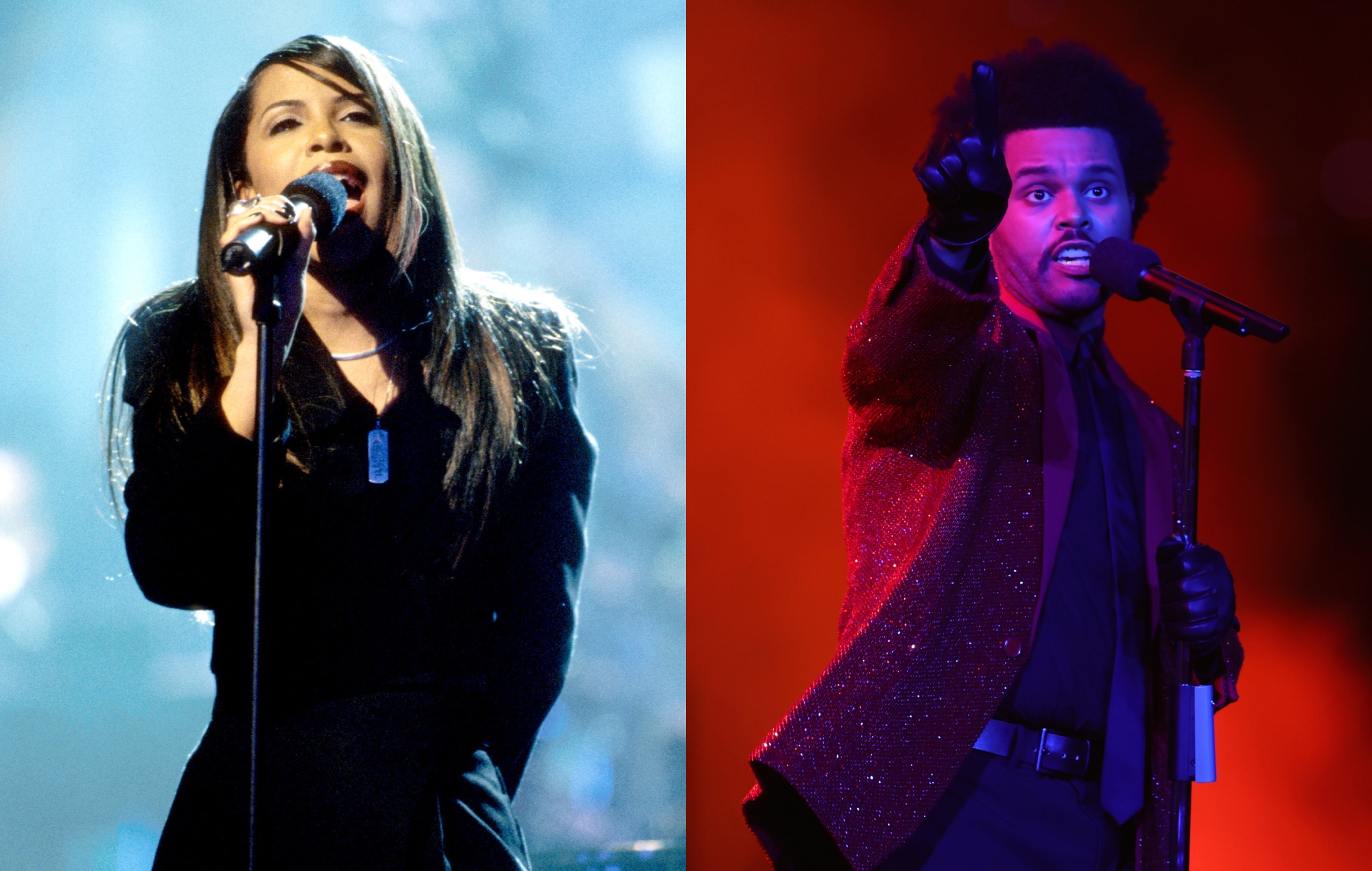 side-by-side images of Aaliyah and The Weeknd performing live onstage