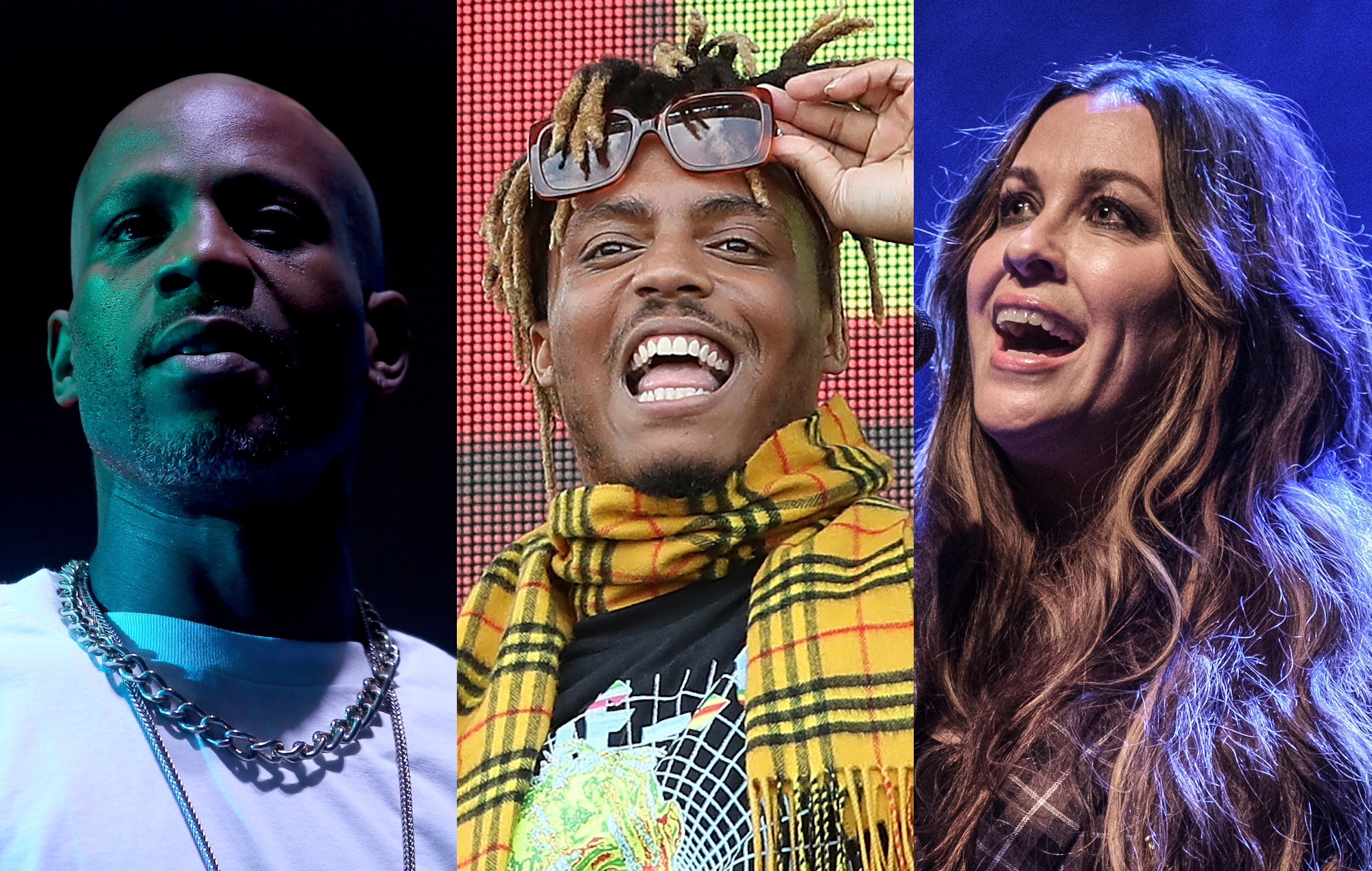 DMX (Mark Davis/Getty Images for Coachella) + Juice WRLD (Taylor Hill/Getty Images for The Stronach Group) + Alanis Morissette (Rob Ball/WireImage)