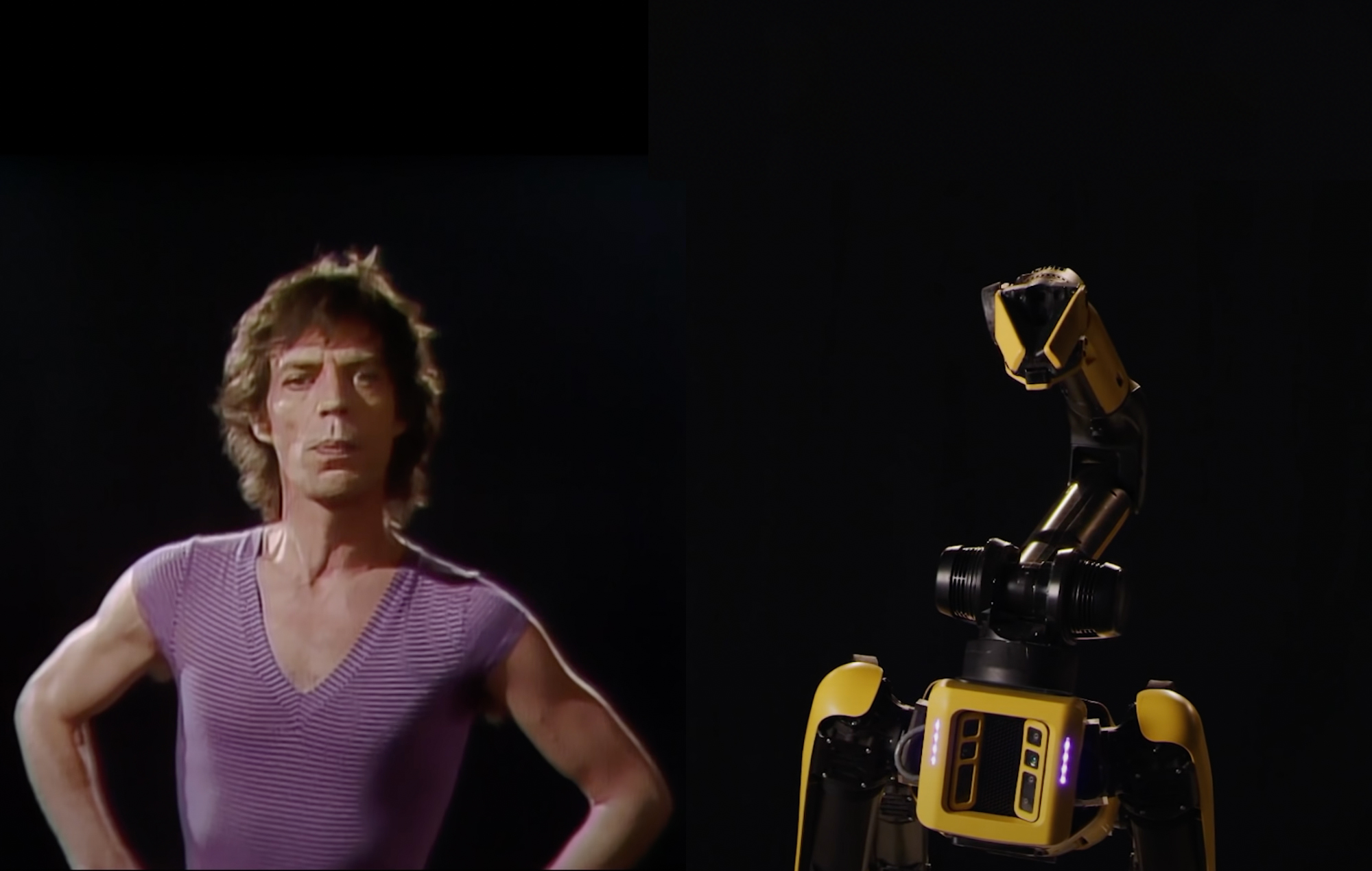 Mick Jagger in the music video for The Rolling Stones' 'Start Me Up', and a Boston Dynamics Spot robot mimicking him. Source: YouTube